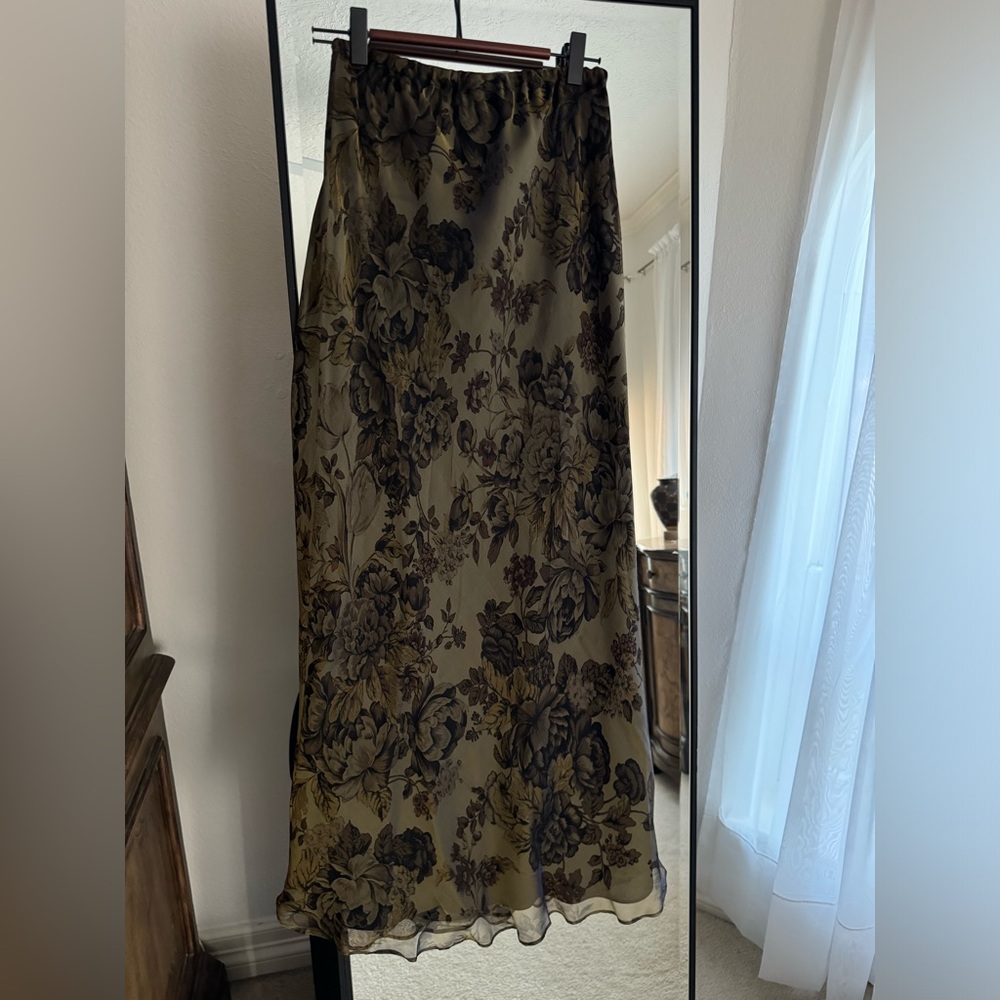 John Patrick Green Black Floral Shimmer Iridescent Silk Skirt Maxi Long Small